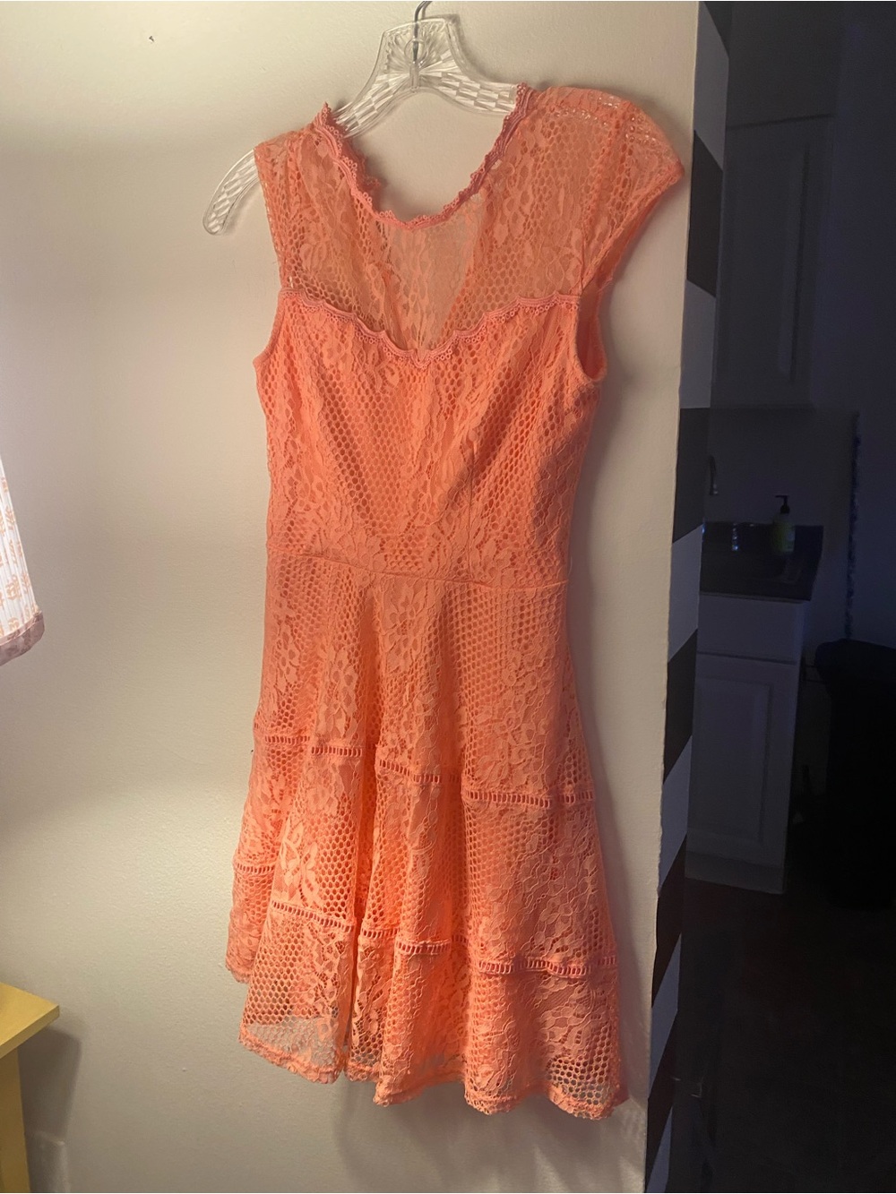 Lace Fit & Flare Dress in Coral Pink